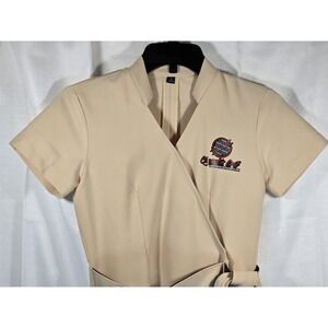 Chopstix Grill Asian Fusion Restaurant Cafe Tan Wrap Dress Mandarin Collar Small